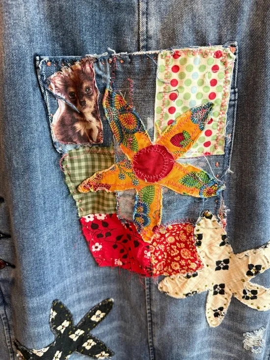 Sedona Artist OOAK Patchwork Denim Overalls girlhood floral Star Appliqués L - Picture 3 of 8